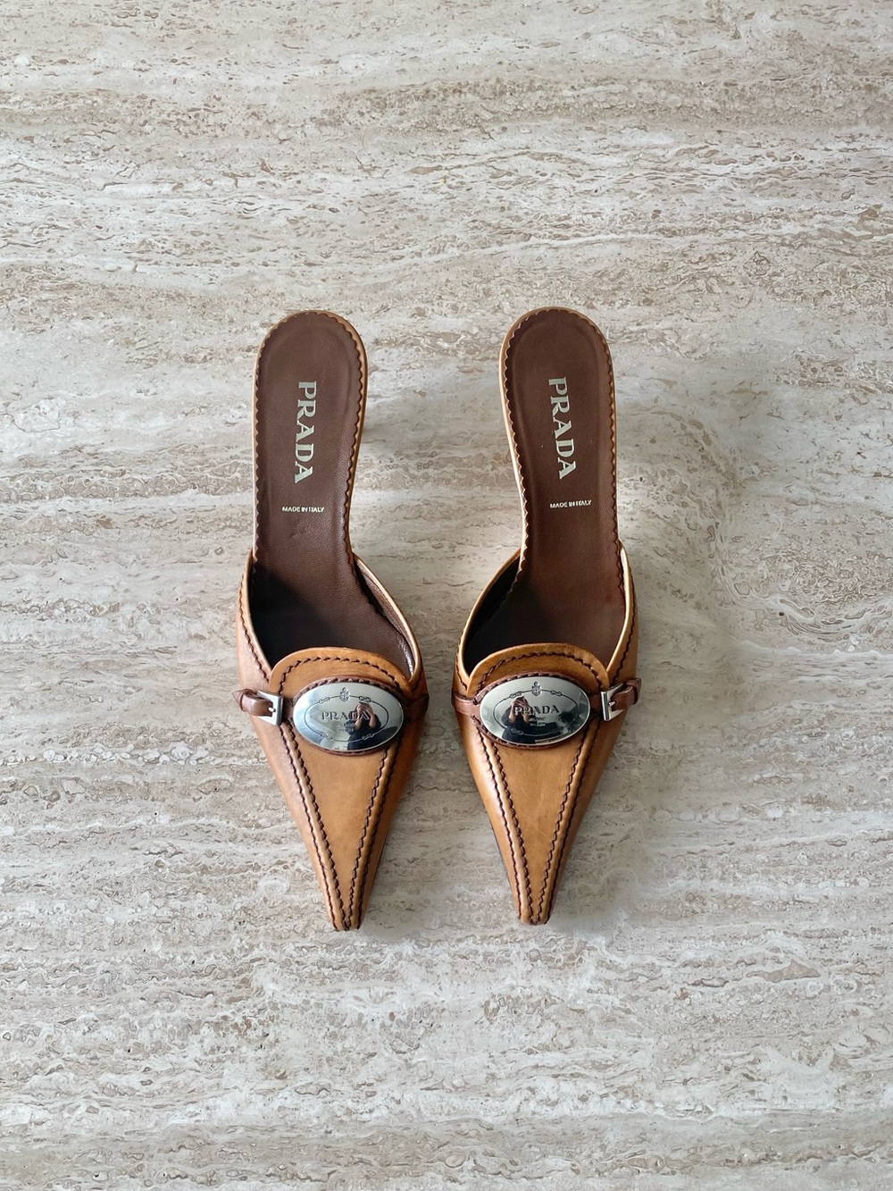 Vintage Prada Silver Logo Plate Buckle Mule Heels
